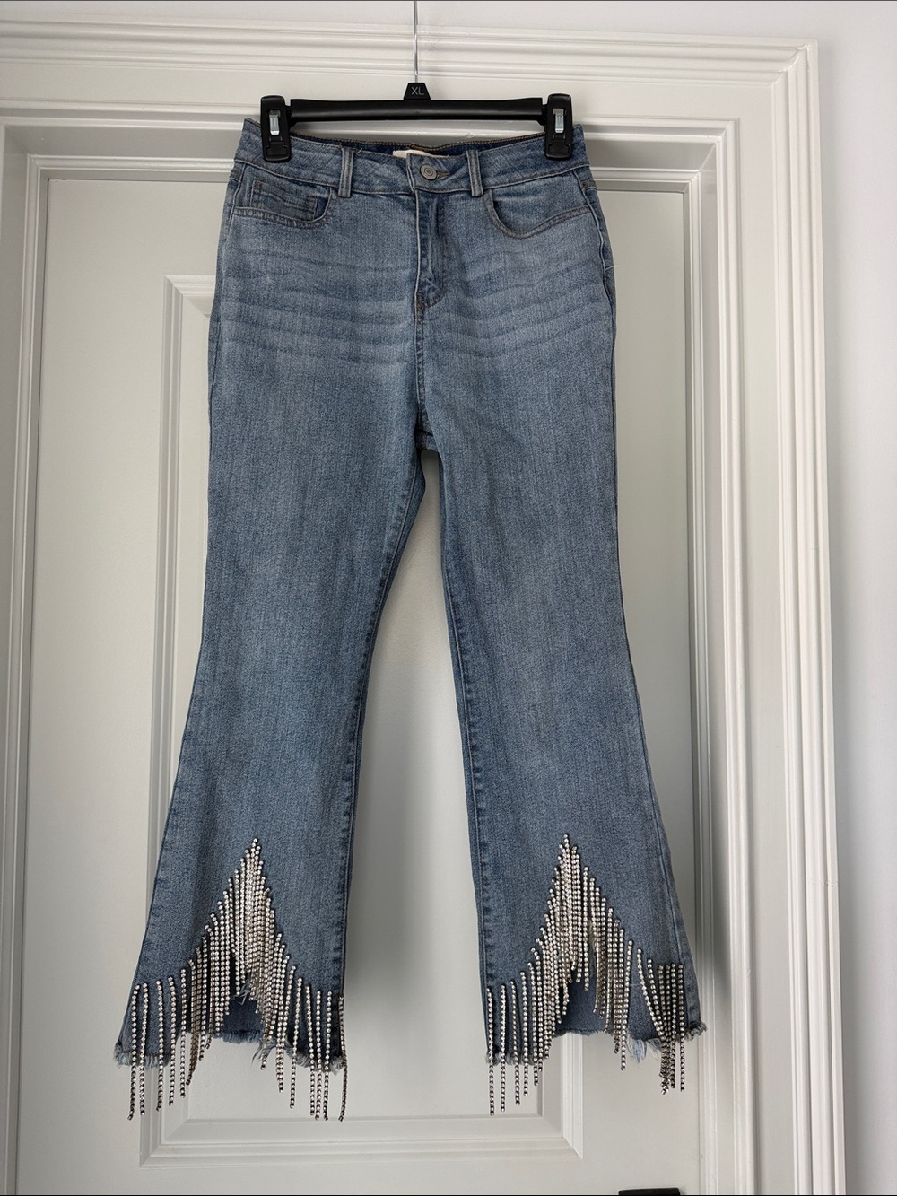 Light Blue Flared Jeans with Rhinestone Fringe